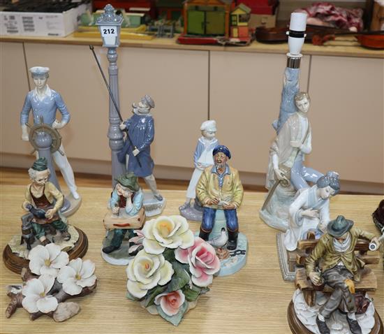 Five Capo di Monte china ornaments, five Lladro china ornaments and a Doulton figure tallest 47cm